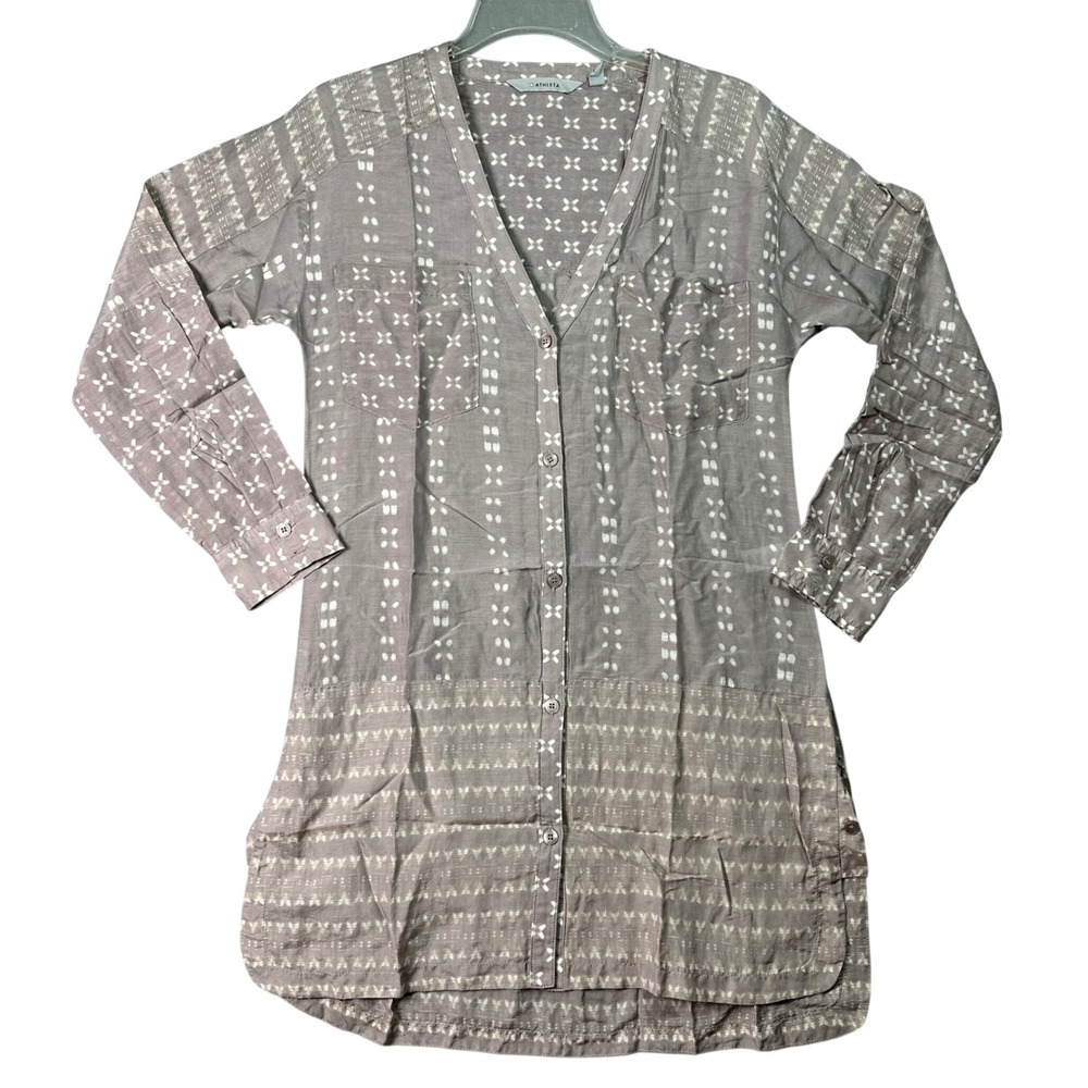 Athleta Cotton Silk Tunic Button Down Shirt Ikat Print XXS‎ Taupe Boho Coastal